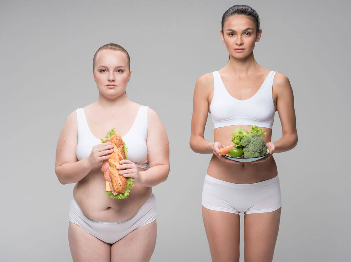 жінка з надмірною вагою і струнка жінка