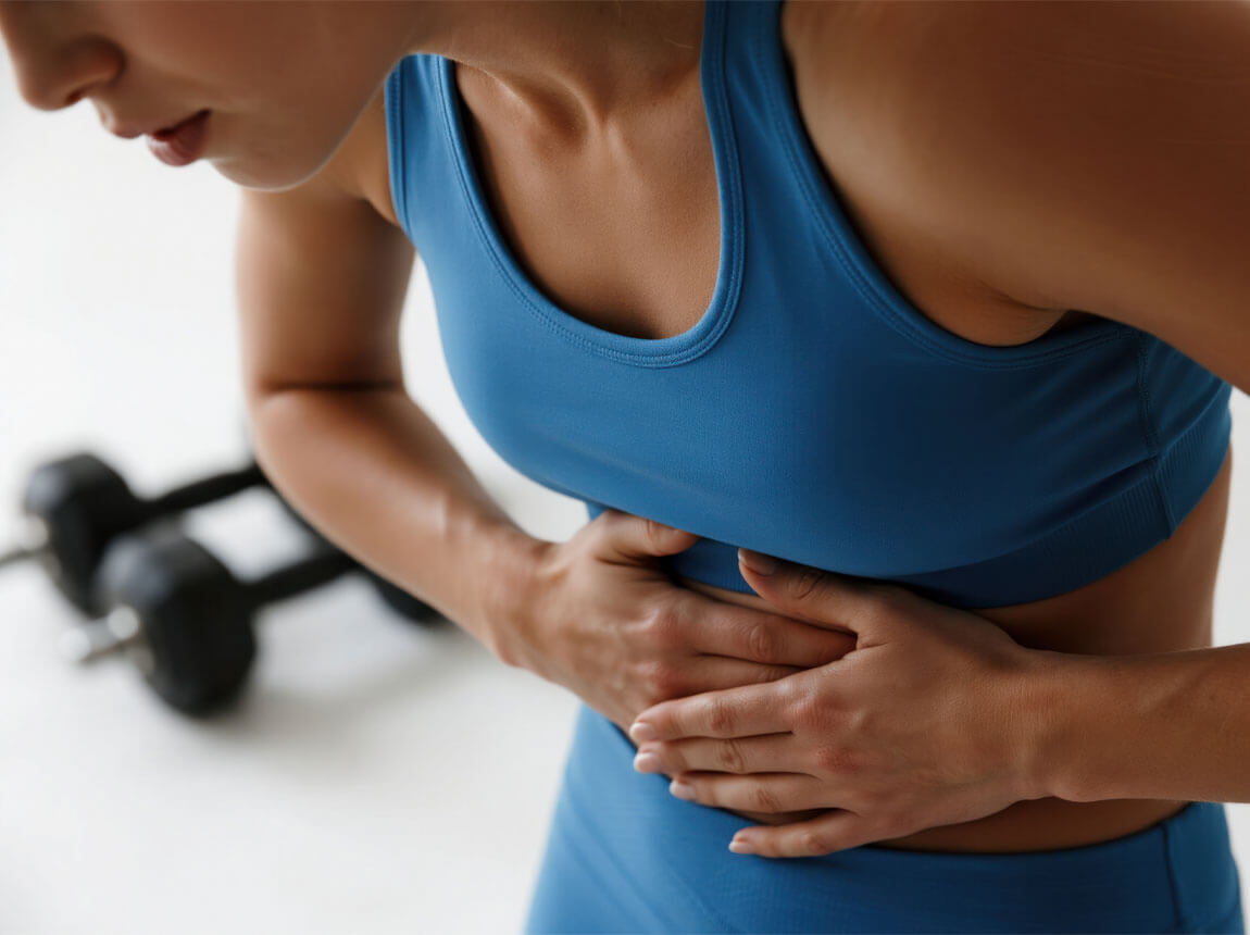 жінка - біль у животі під час тренування, СРК